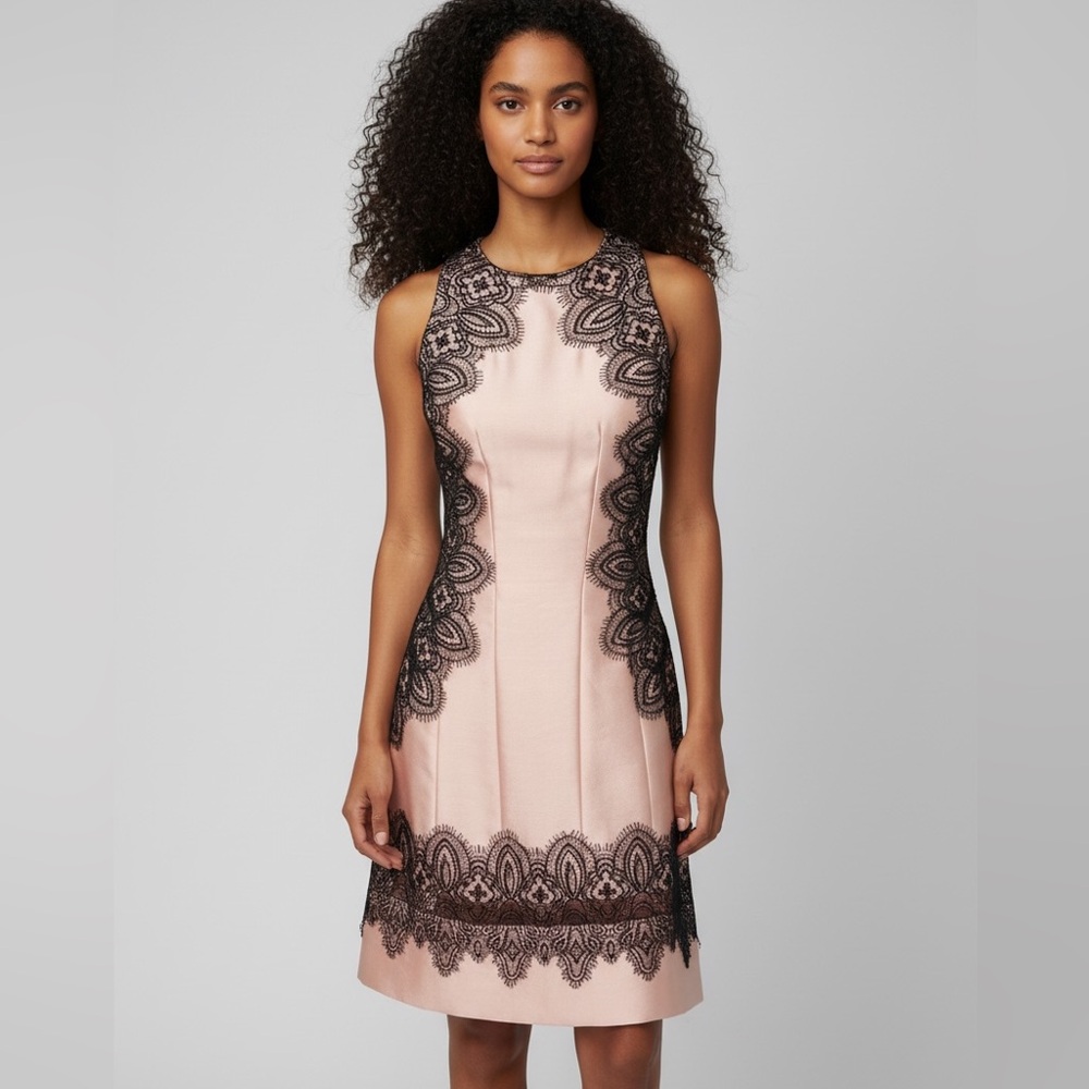 Lela Rose Wool Silk Lace Embroidered Peach Black Dress